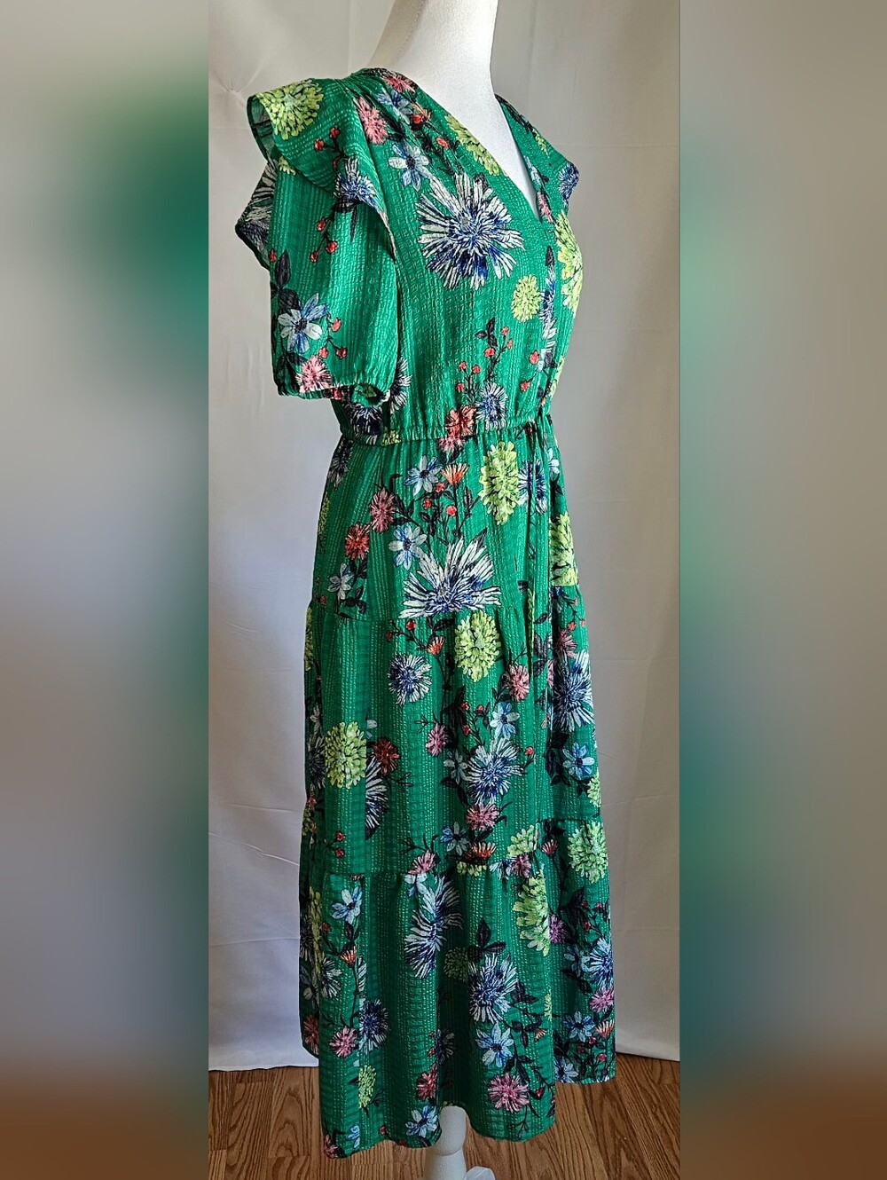 ​LOFT Floral Tiered Midi Dress Green Ruffle Sleeve Size XS - Picture 3 of 16